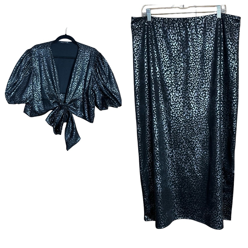 LIVD Metallic Leopard Print Black Silver Tie Front Crop Top Midi Skirt Set 3X